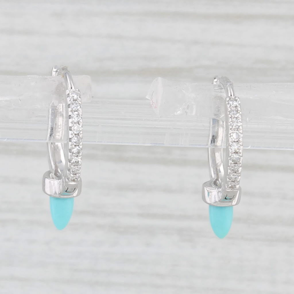 Light Gray New Turquoise Diamond Hoop Earrings 14k White Gold Huggie Hoops