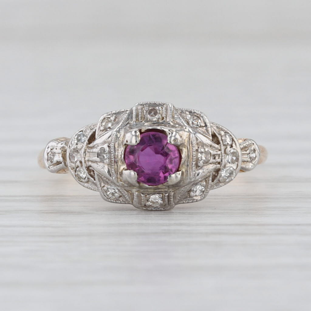 Vintage 0.62ctw Ruby Diamond Ring 14k White Yellow Gold Size 7.5