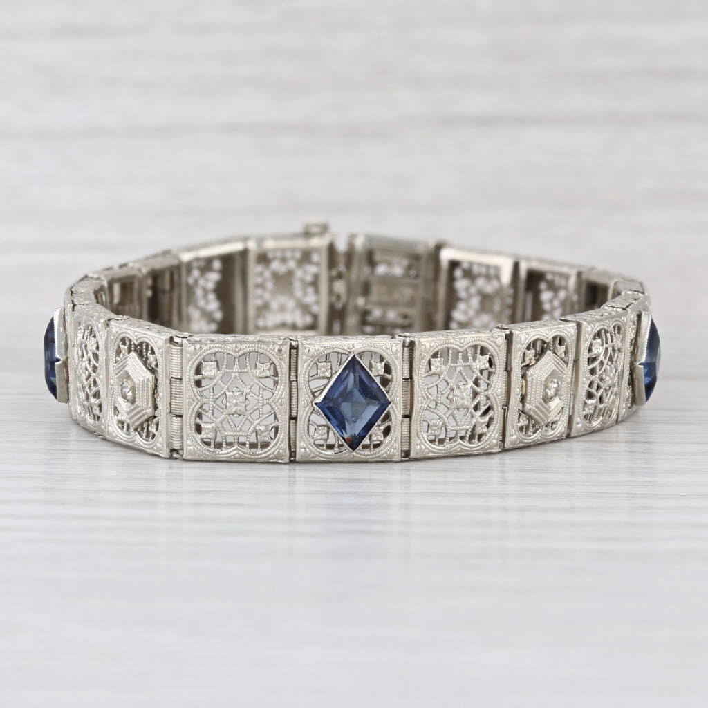 Art Deco Filigree Bracelet Diamond Imitation Sapphire 14k White Gold 7" 11mm