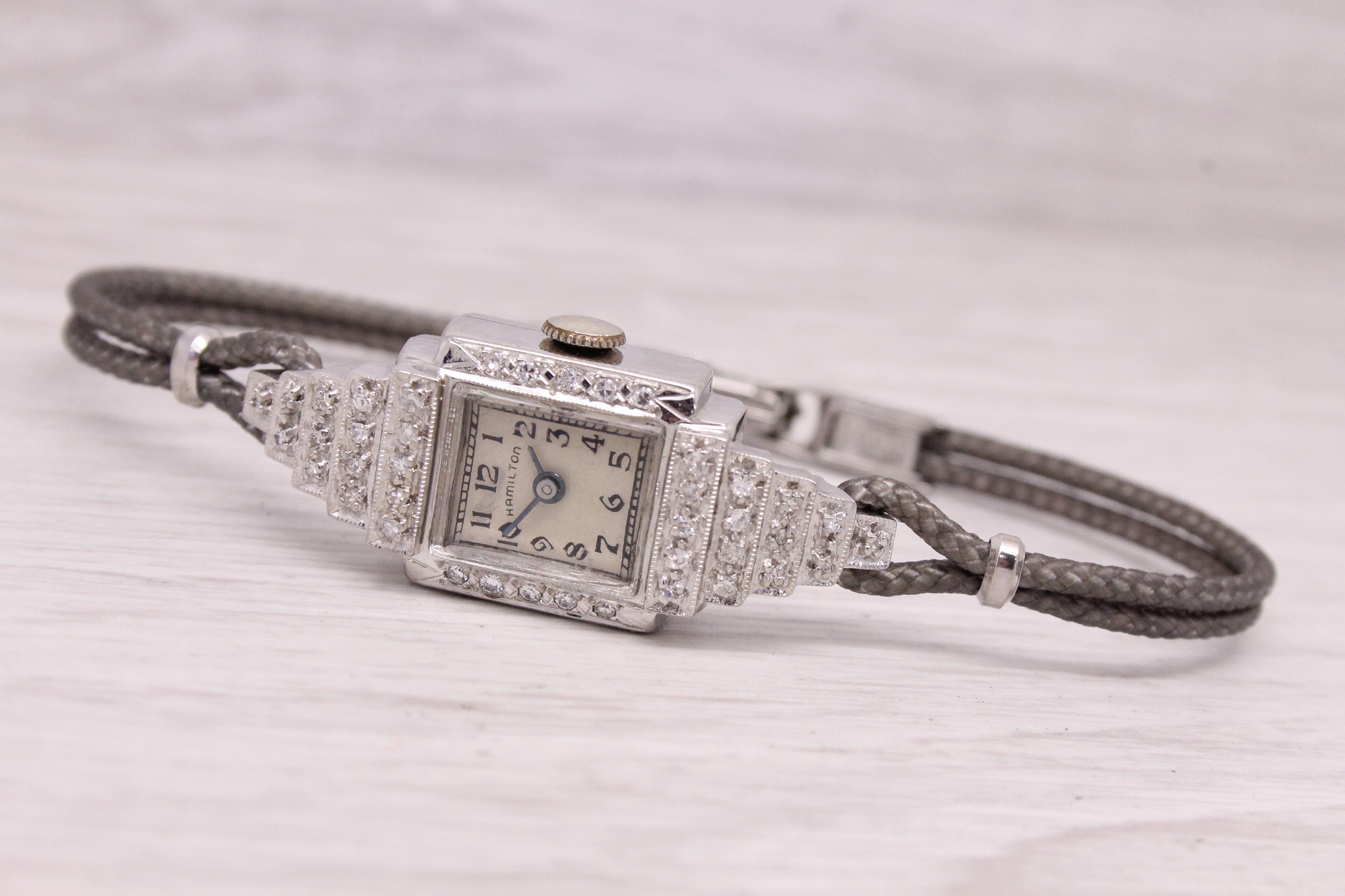 Light Gray Vintage c.1950s Hamilton 14k White Gold Diamond Ladies Watch 0.20ctw Stair Case