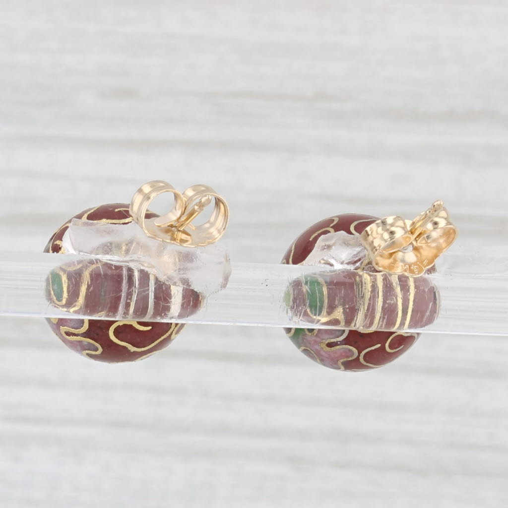 Light Gray Cloissonne Stud Earrings 14k Yellow Gold Flower Bead Studs