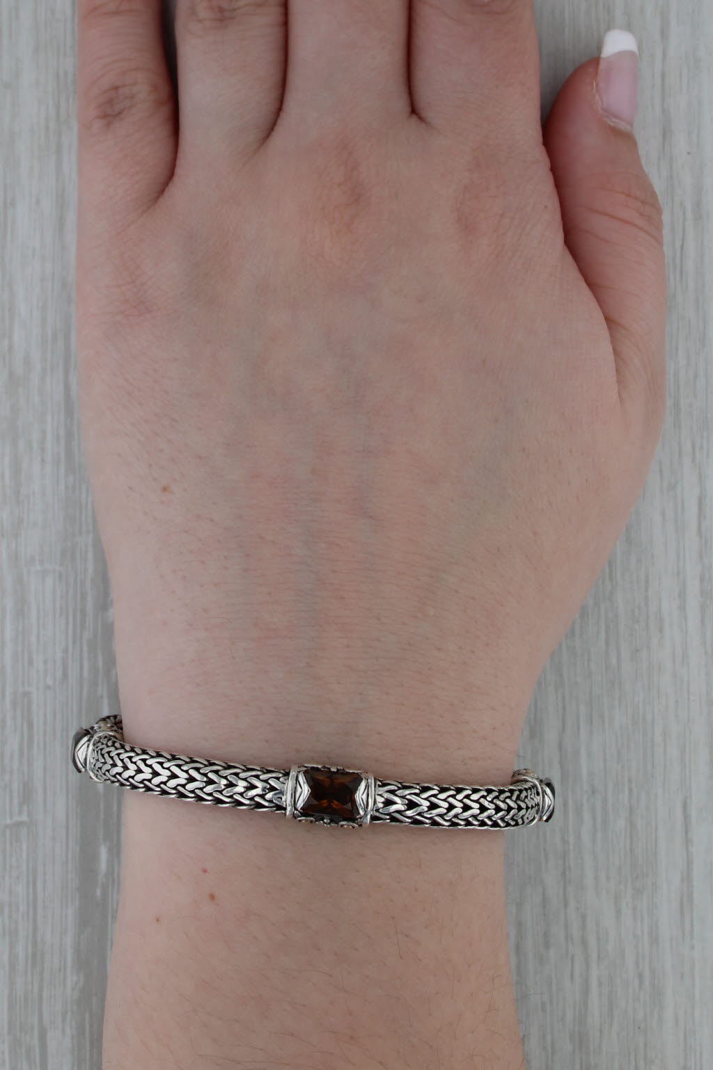 John Hardy Smoky Quartz Station Bracelet Sterling Silver 18k Gold Wheat Chain