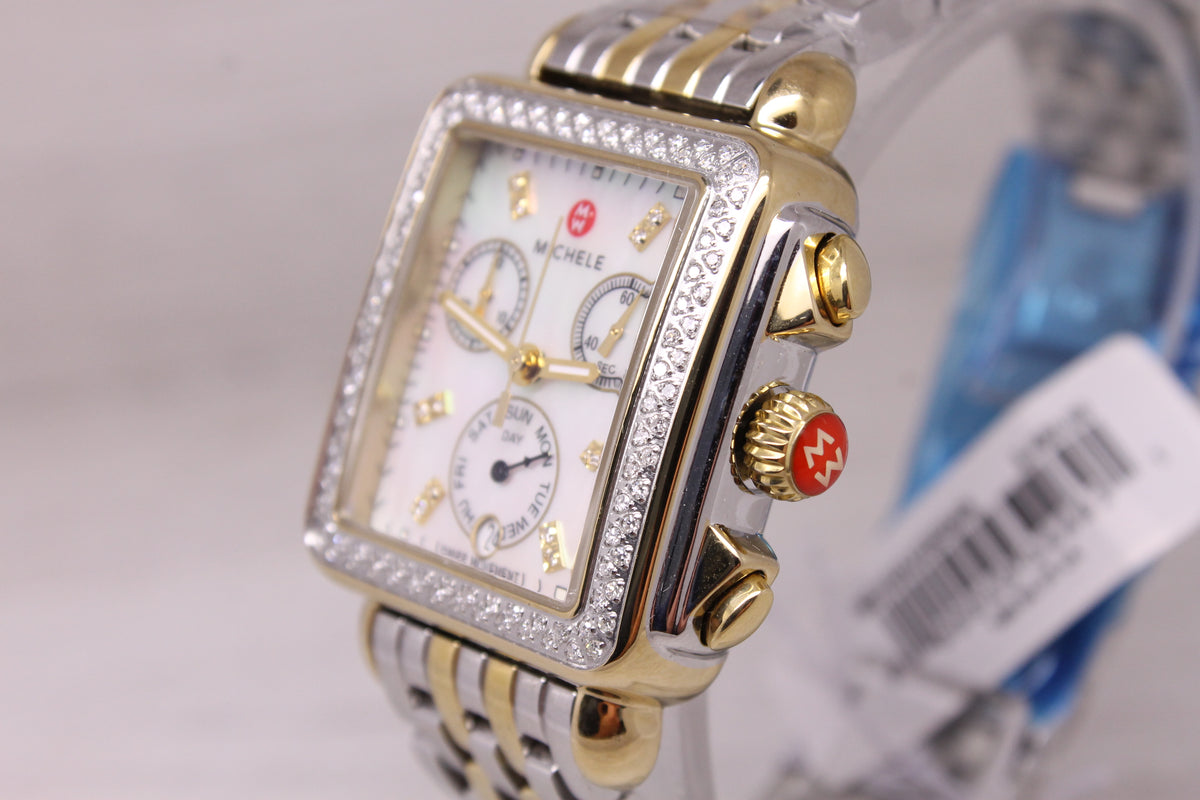 Michele Deco 2 Tone Ladies Quartz Chronograph Watch MOP Diamond Dial Bezel MINT