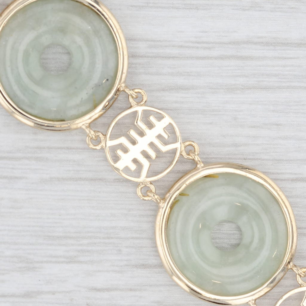 Light Gray Jadeite Jade Hololith Chinese Character Circle Link Bracelet 14k Gold 7.25"