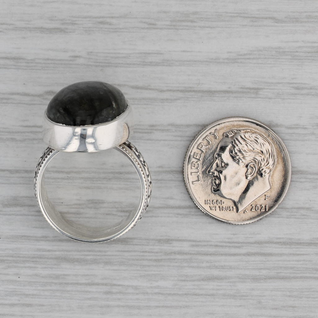 Dark Gray Vintage Labradorite Oval Cabochon Solitaire Ring 900 Silver Size 5.25