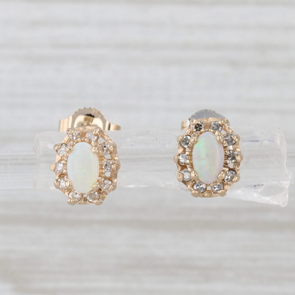 Opal & Diamond Halo Stud Earrings 14k Yellow Gold Studs