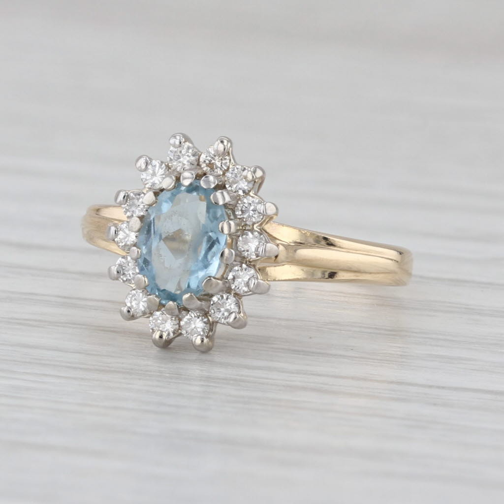 0.91ctw Oval Aquamarine Diamond Halo Ring 10k Yellow Gold Size 5.5 Engagement