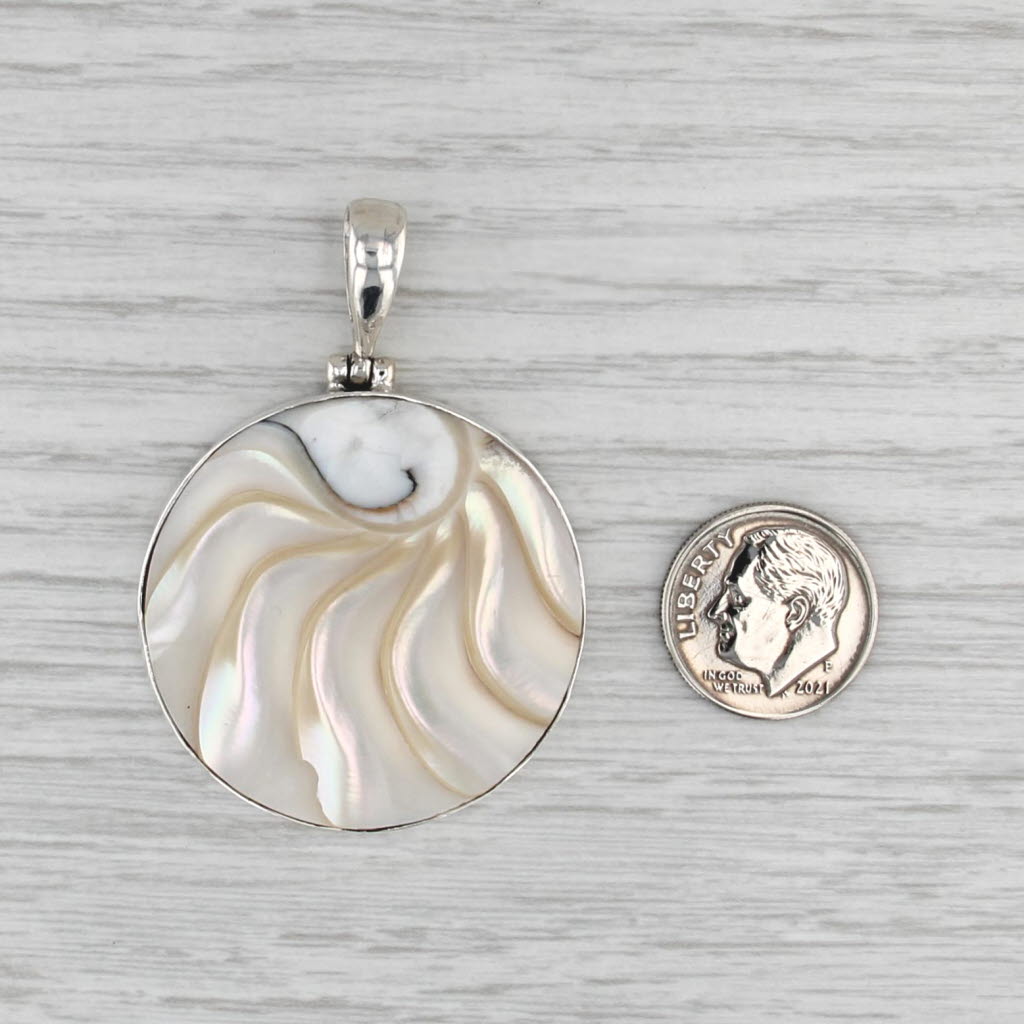 Carved Mother of Pearl & Shell Pendant Sterling Silver Medallion Statement