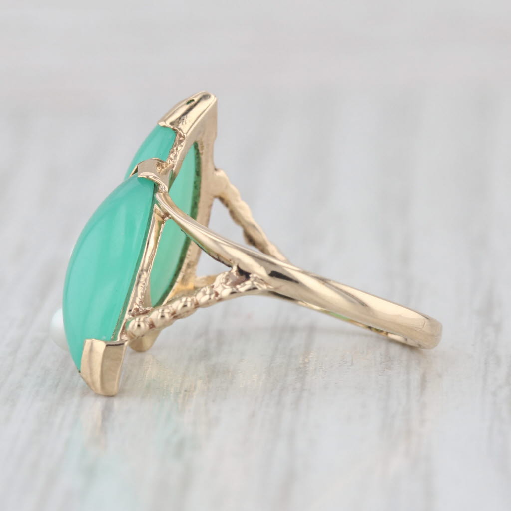 Green Chrysoprase Cultured Pearl Bypass Ring 10k Yellow Gold Size 7.5