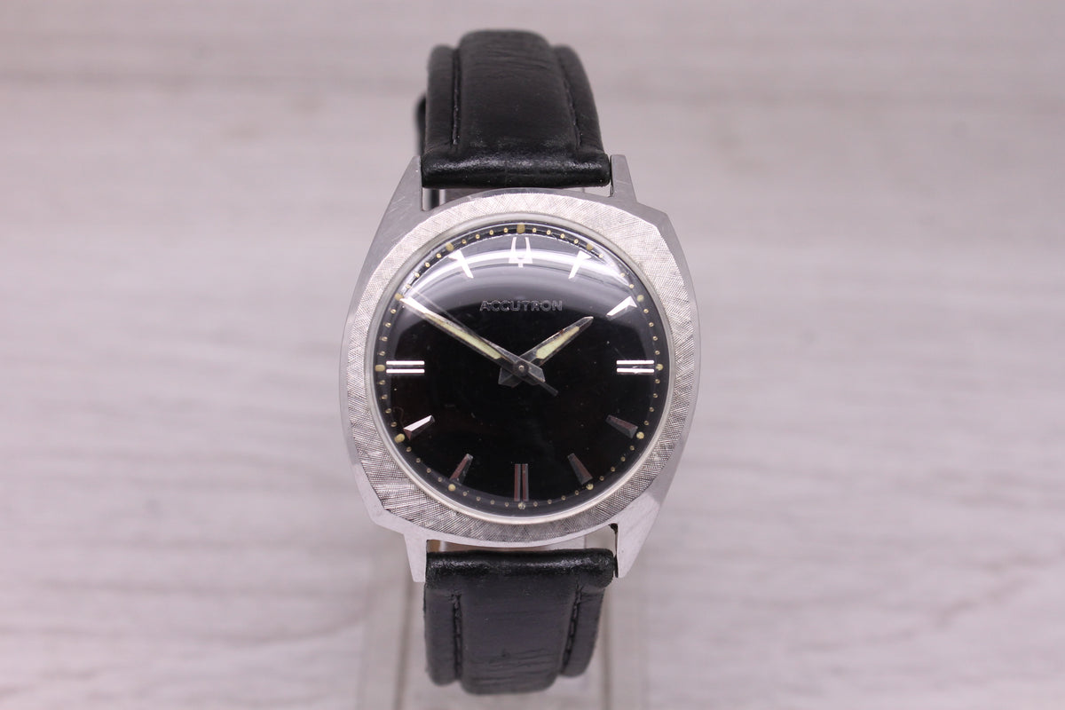 Vintage 1966 Bulova Accutron 214 Asymetric Steel Tuning Fork Watch Black Dial