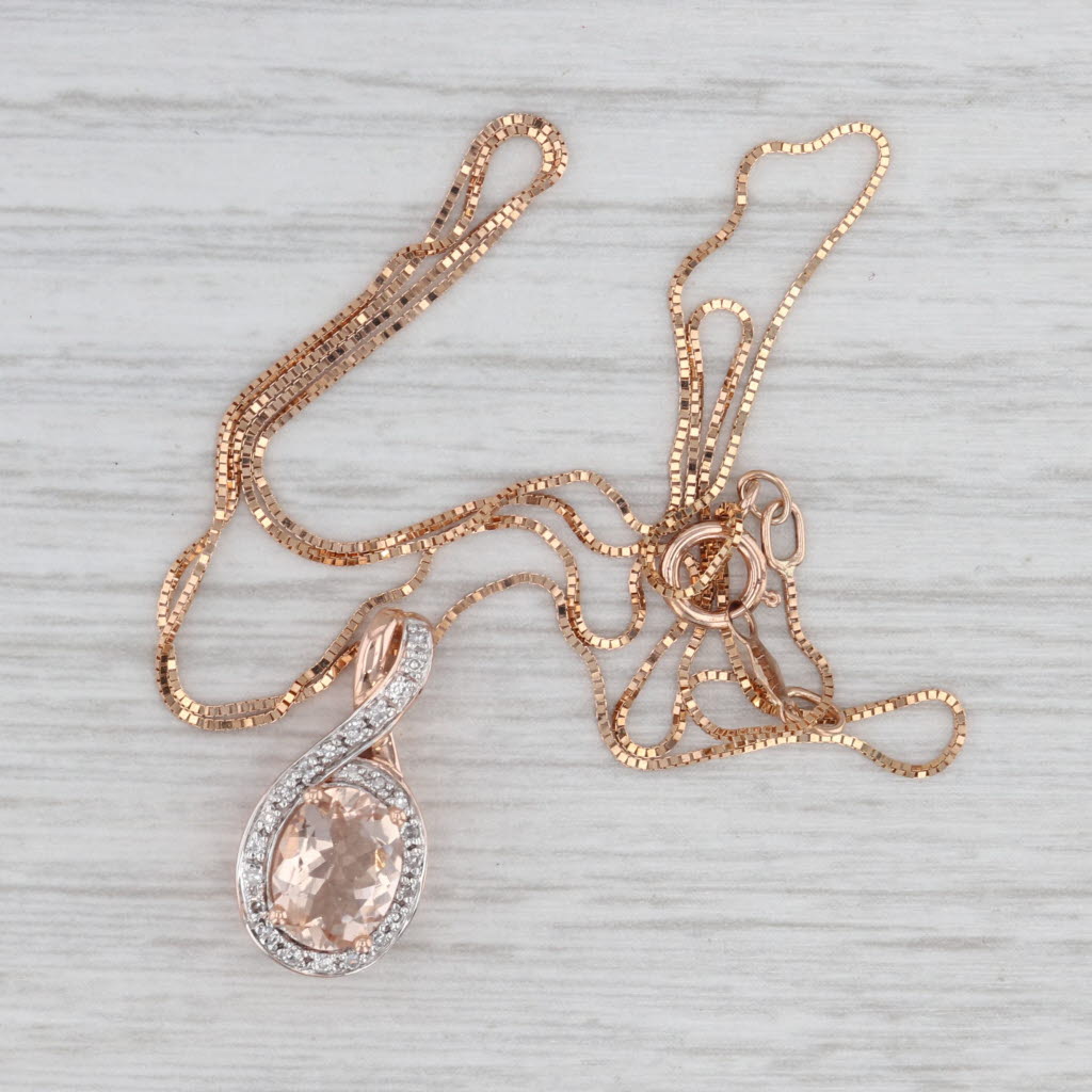 1.18ctw Morganite Diamond Halo Pendant Necklace 14k Rose Gold 18.25" Box Chain