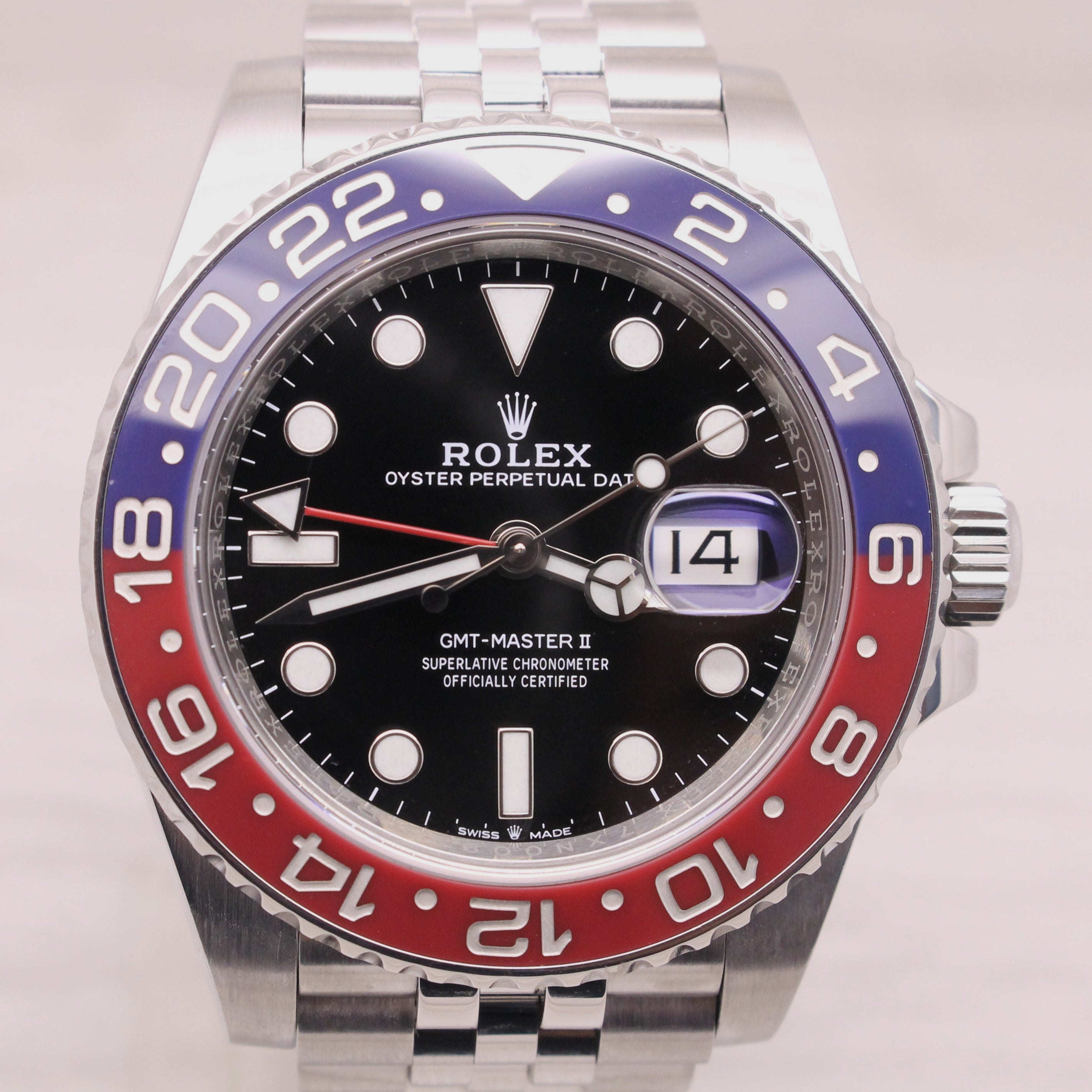 Light Gray Rolex GMT Master II 126710BLRO Pepsi Mens Automatic Steel Watch Jubilee Band