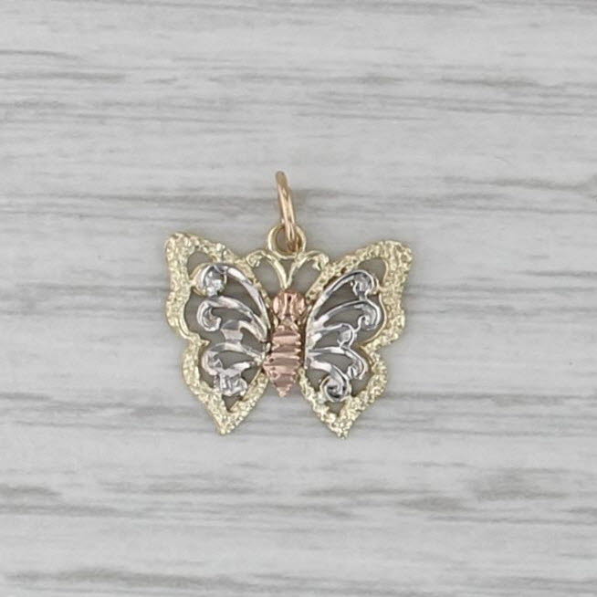 Small Tri-Toned Butterfly Charm 14k Yellow White Rose Gold Pendant