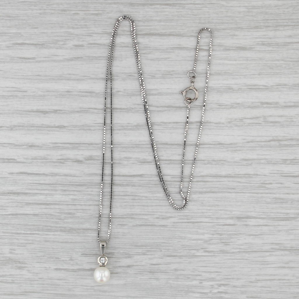 Cultured Pearl Diamond Pendant Necklace 14k White Gold 18" Box Chain