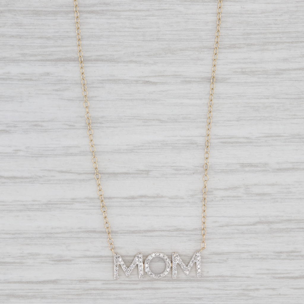 Light Gray 0.10ctw Diamond MOM Necklace 14k Yellow Gold Adjustable Cable Chain