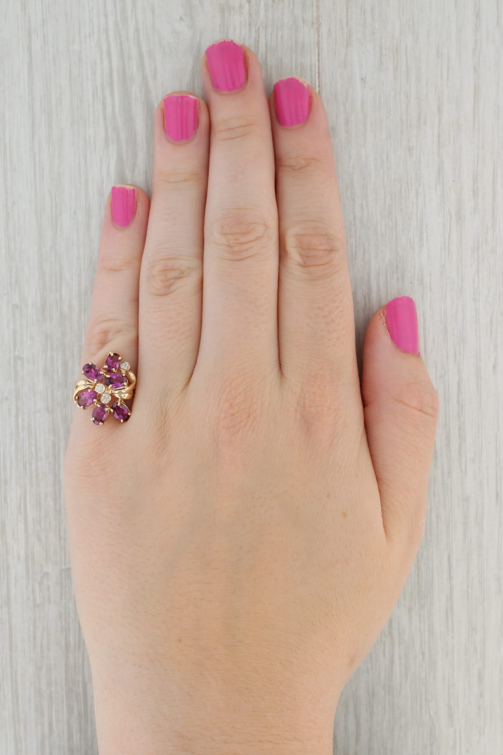 Gray 3.42ctw Pink Purple Garnet Diamond Cluster Ring 14k Gold Sz 7.25 Floral Cocktail