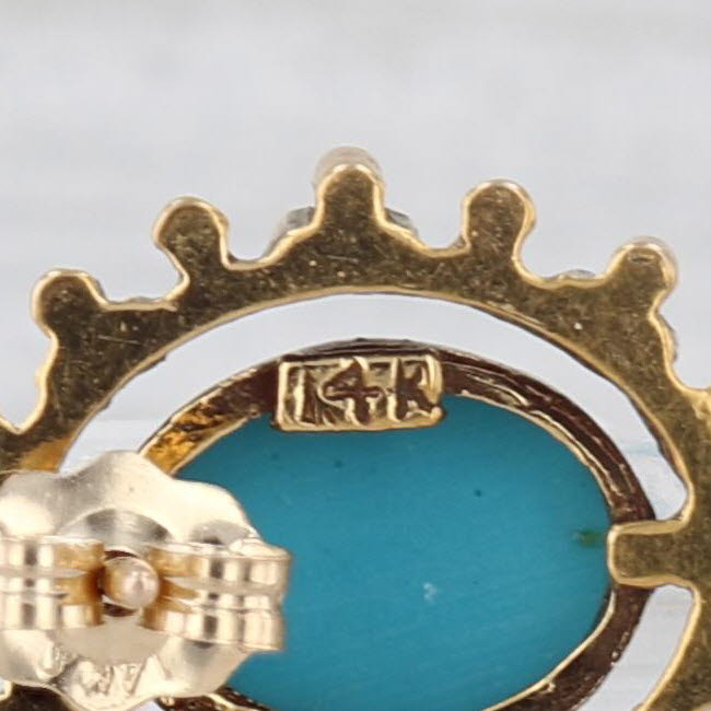 Vintage Imitation Turquoise Resin Stud Earrings 14k Yellow Gold Oval Cabochon