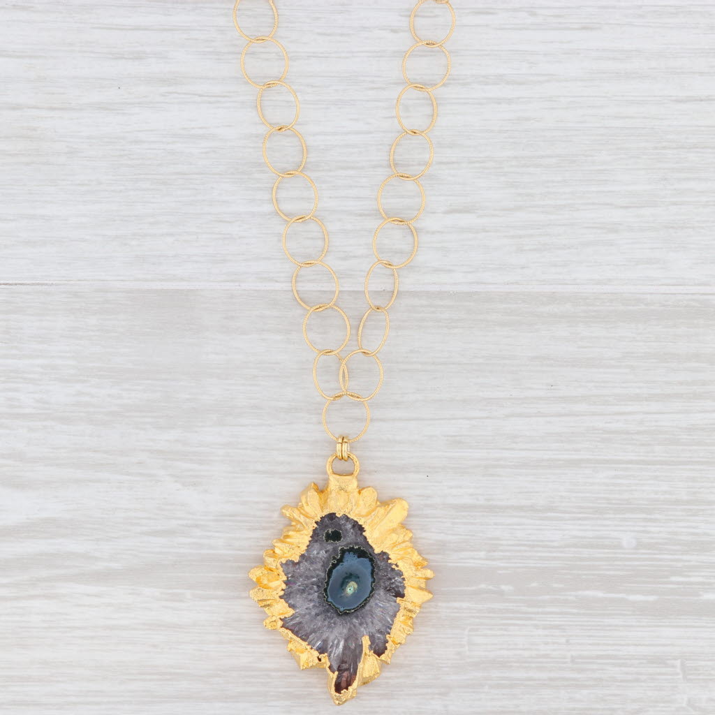 New Nina Wynn Geode Amethyst Pendant Necklace Sterling Gold Vermeil 19.5"