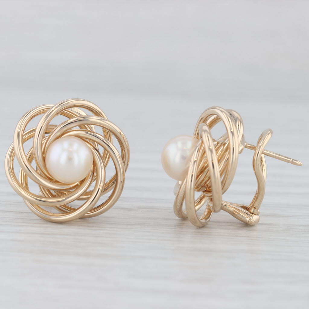 Light Gray Cultured Pearl Knot Stud Earrings 14k Yellow Gold Omega Backs