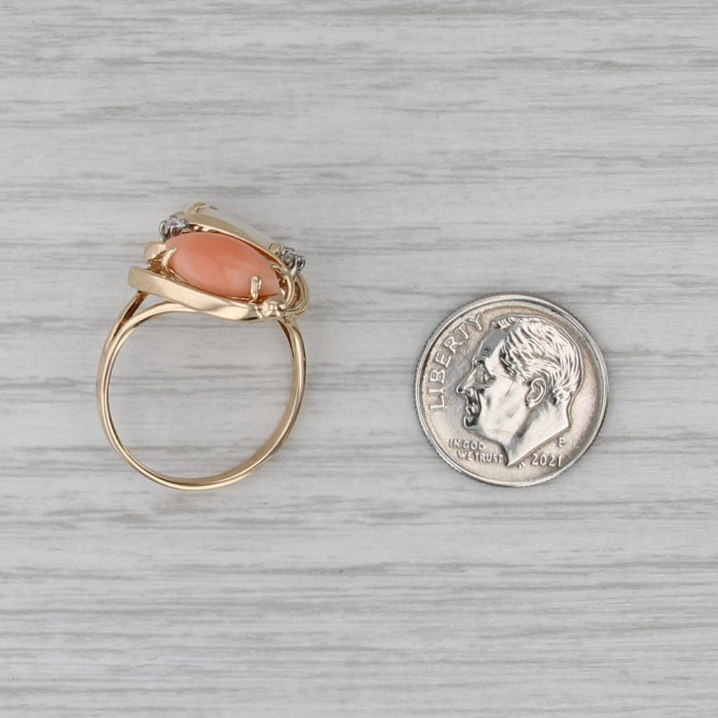 Opal Coral Navette Cabochon Diamond Ring 14k Yellow Gold Size 8