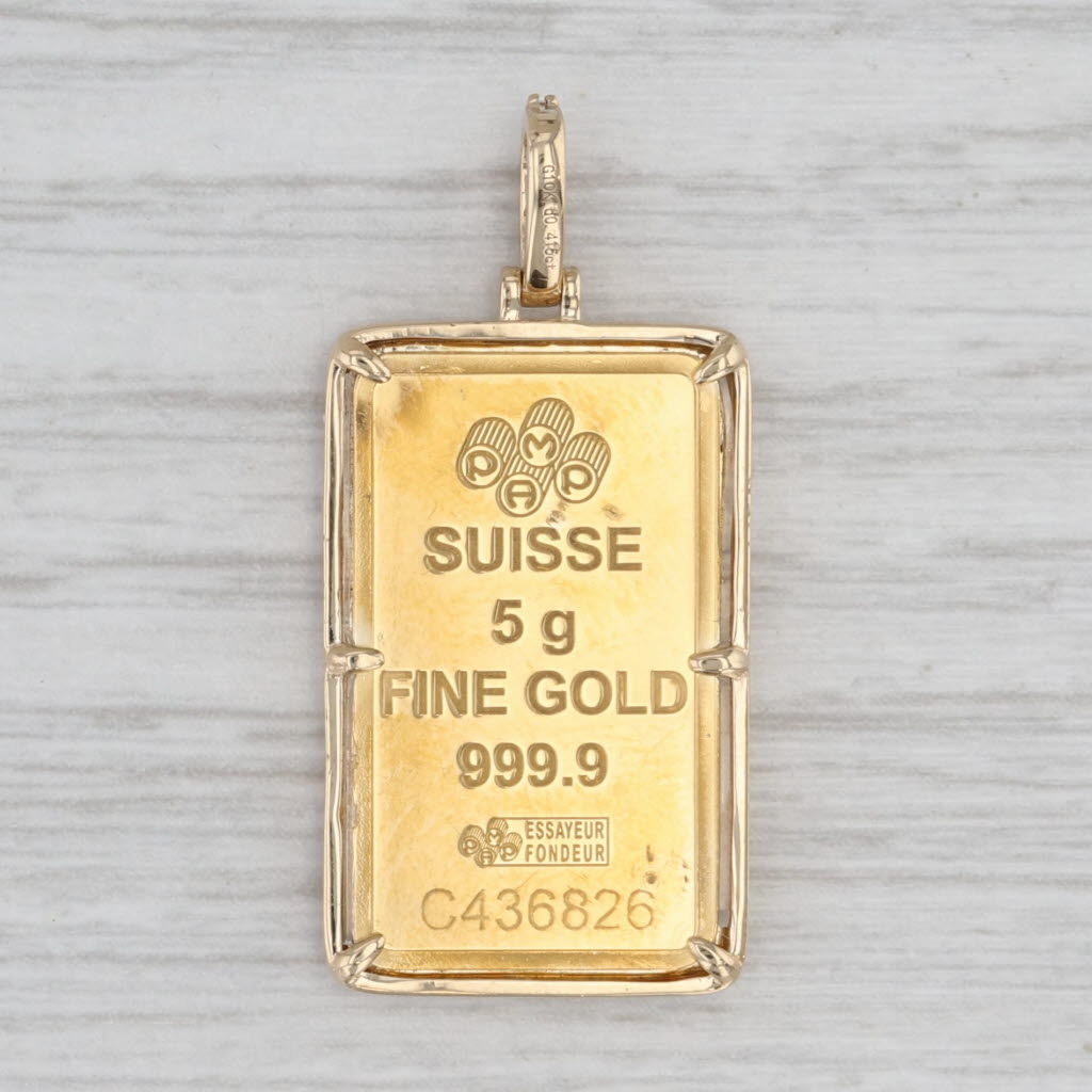 Light Gray 0.415ctw Diamond Bezel PAMP Swiss Gold Bar Pendant 10k 999 5 Grams