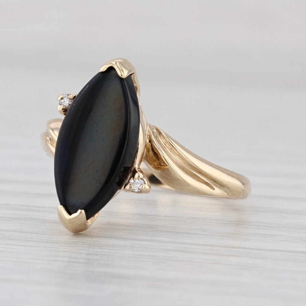 Navette Onyx Diamond Bypass Ring 10k Yellow Gold Size 6.5