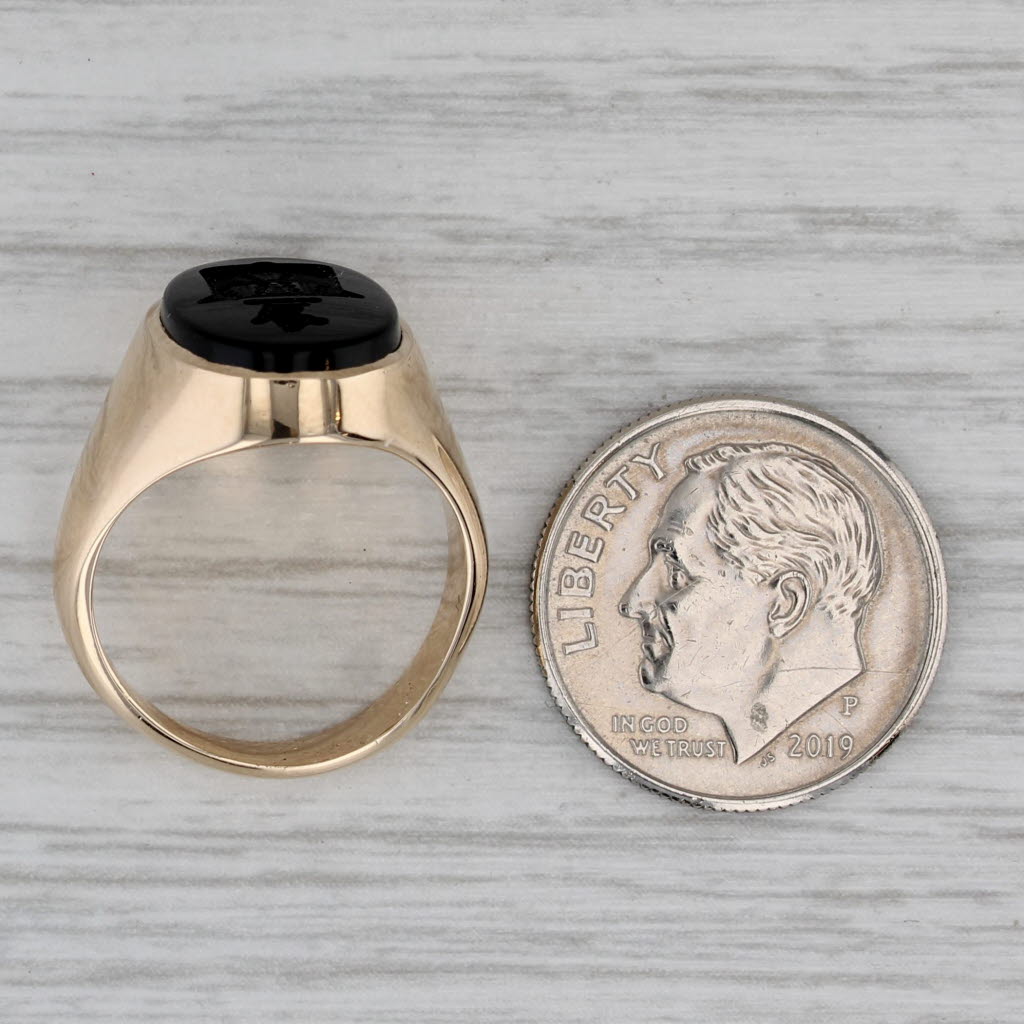 Gray Vintage Onyx Coat of Arms Signet Ring 10k Yellow Gold Size 4.75 Squirell Trees