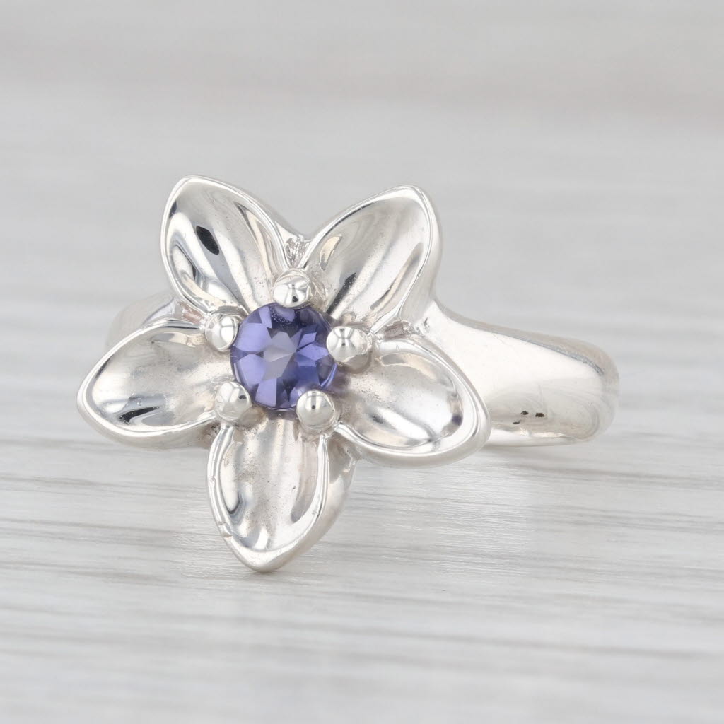 Tiffany & Co 0.20ct Iolite Solitaire Flower Ring Sterling Silver Size 6