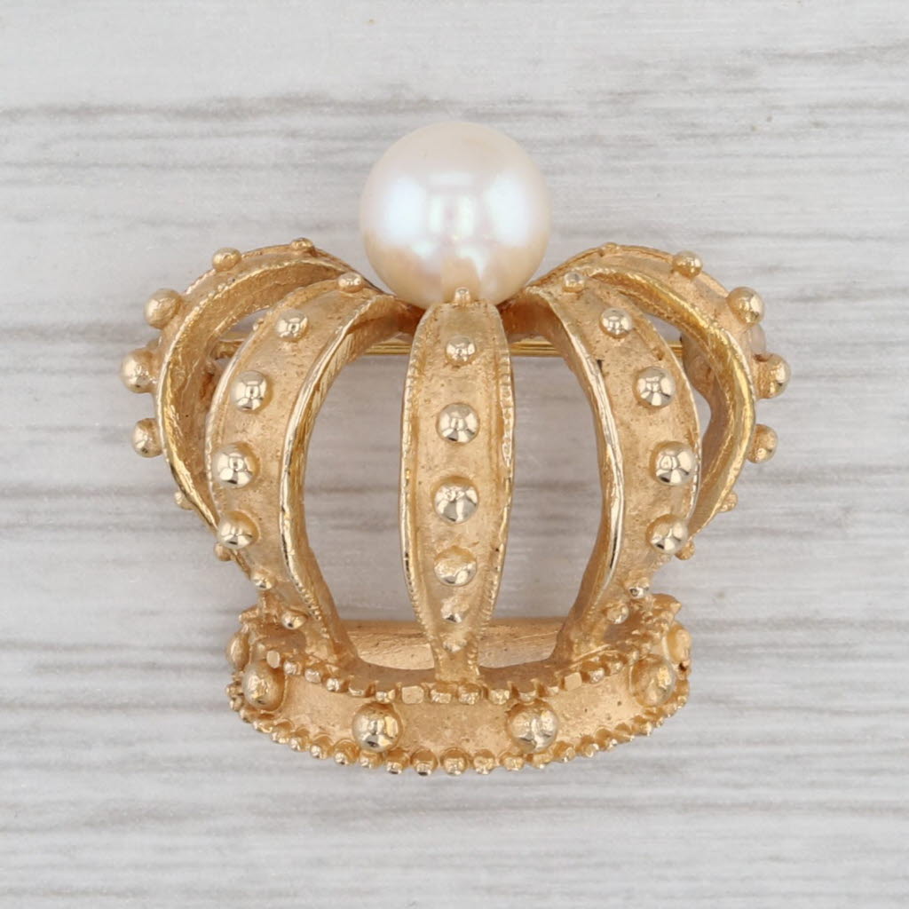 Cultured Pearl Crown Brooch 14k Yellow Gold Statement Pin