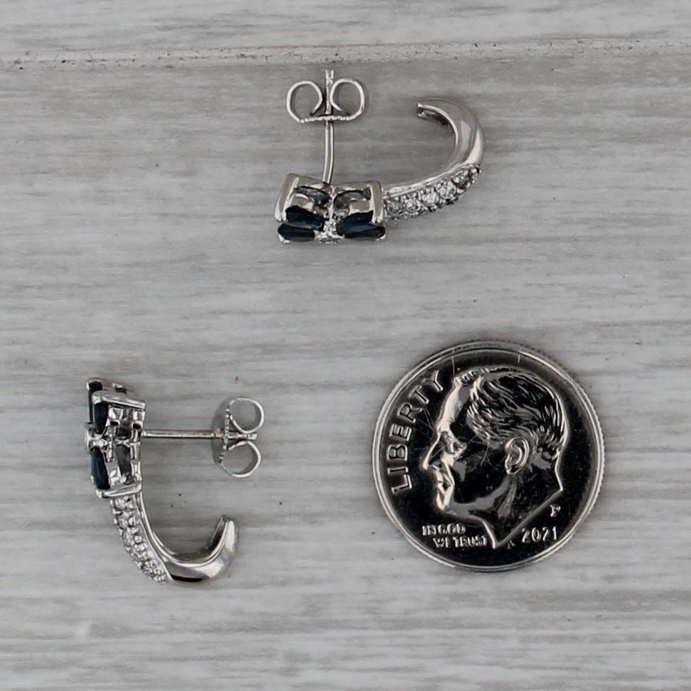 1.80ctw Blue Sapphire Flower Diamond J-Hook Earrings 14k White Gold Drops