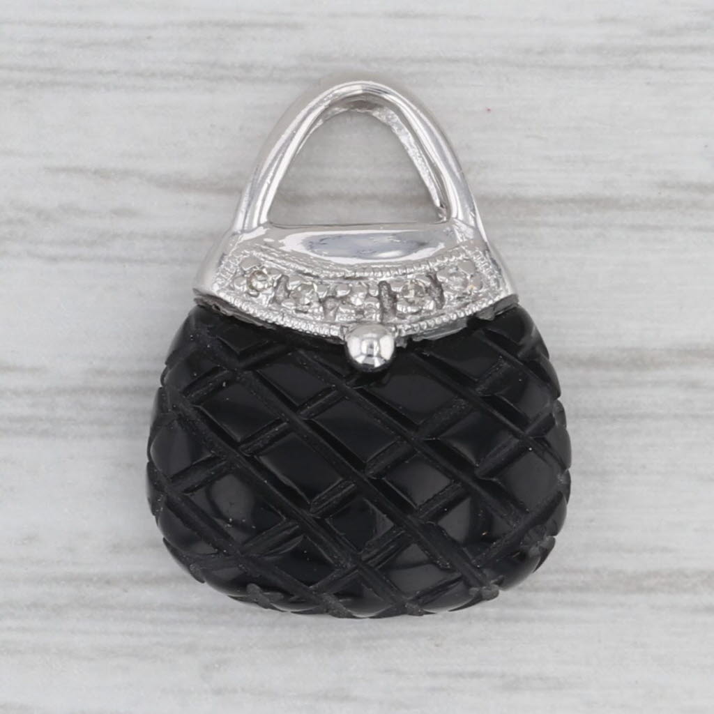 Faceted Onyx Diamond Pendant 10k White Gold Charm