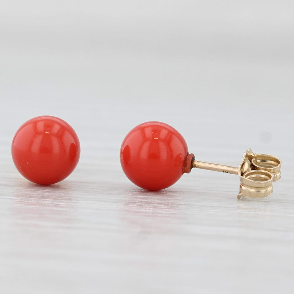 Light Gray 6mm Red Resin Bead Stud Earrings 14k Yellow Gold