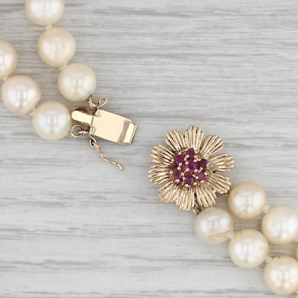 Vintage Cultured Pearl Double Strand Necklace 15" 14k Yellow Gold Ruby Clasp