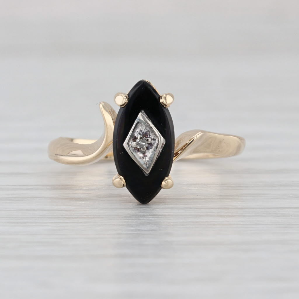 Navette Black Onyx Diamond Signet Ring 10k Yellow Gold Size 6.25