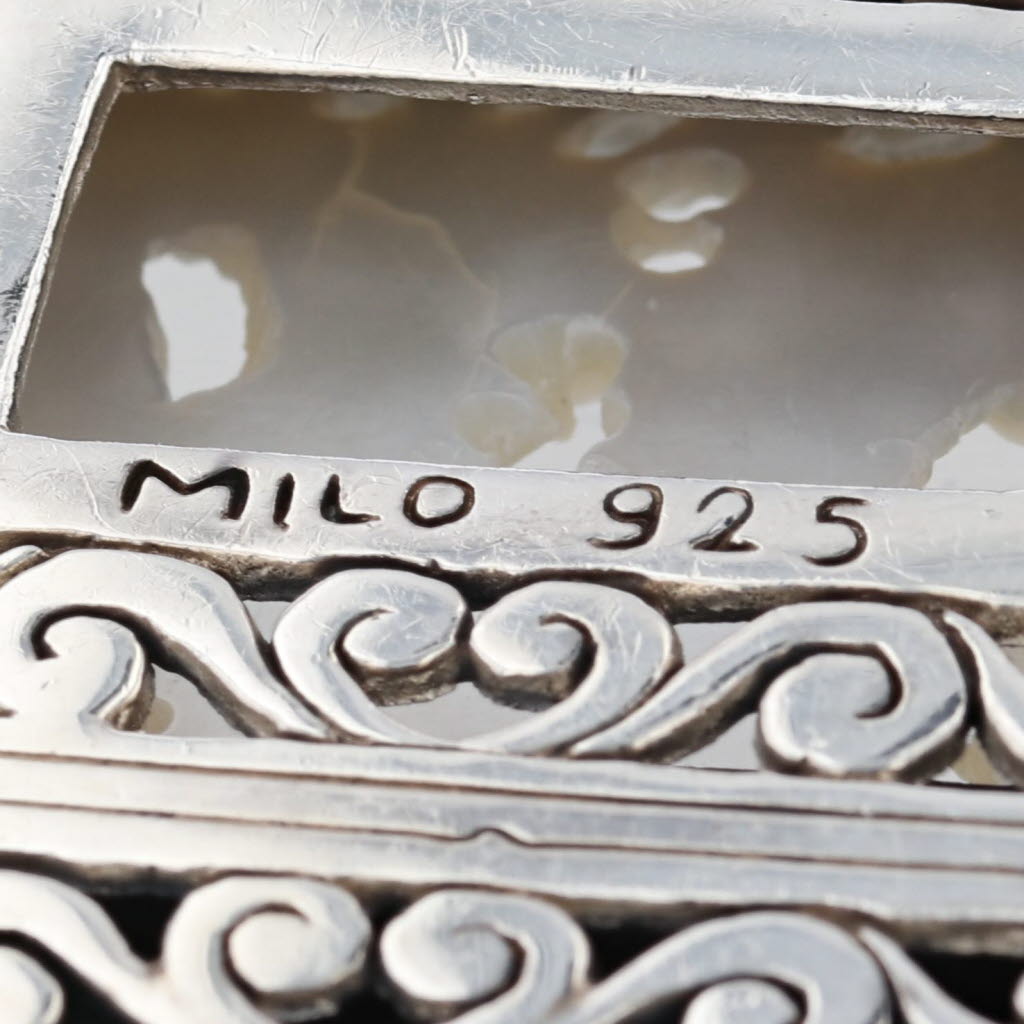 Milo Carved Mother of Pearl Dragon Ornate Frame Pendant Sterling Silver