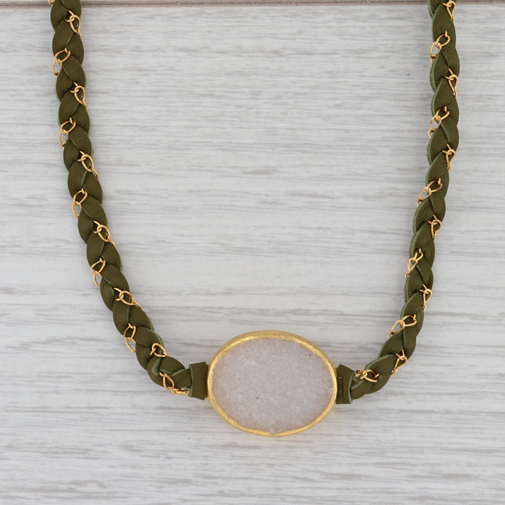New Nina Wynn Cordelia Necklace Woven Green Leather White Druzy Quartz