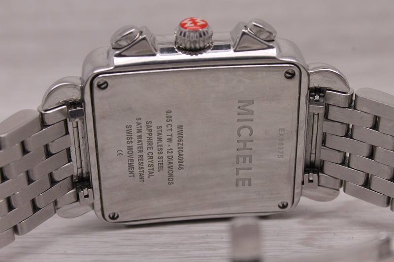 Light Slate Gray Michele Deco XL Steel Quartz Chronograph Watch Diamond MOP Dial MW06Z00A0046