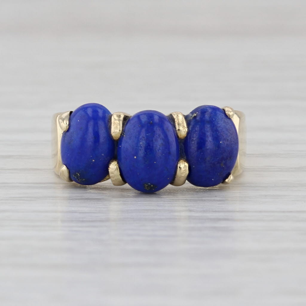 Lapis Lazuli 3-Stone Cabochon Ring 14k Yellow Gold Size 7-7.25