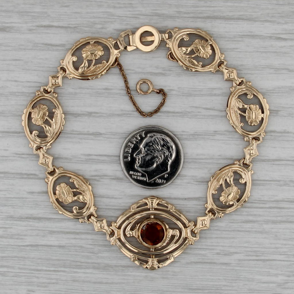 1ct Citrine Vintage Floral Bracelet 14k Yellow Gold 6.75" Oval Flower Links