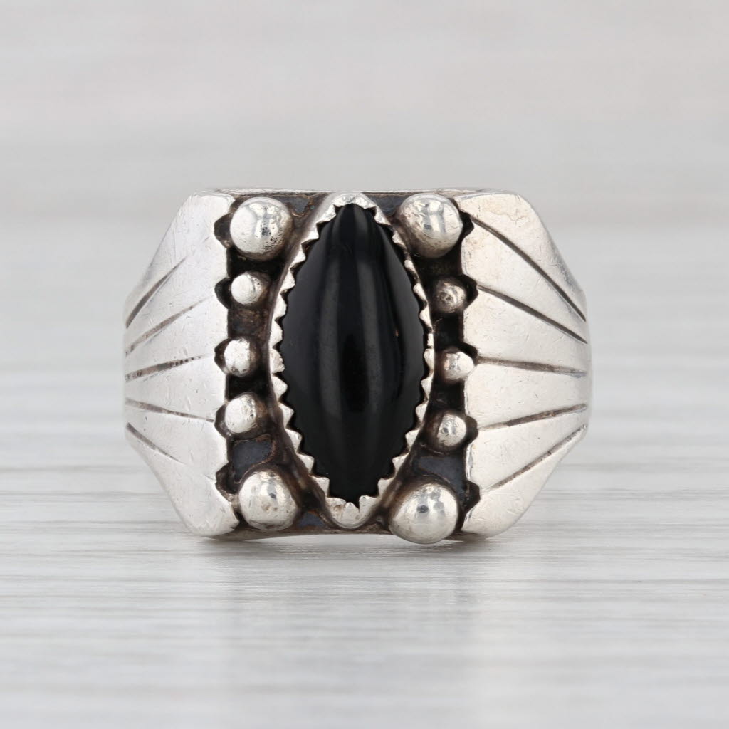 Vintage Native American Onyx Cabochon Ring Sterling Silver Size 11.5