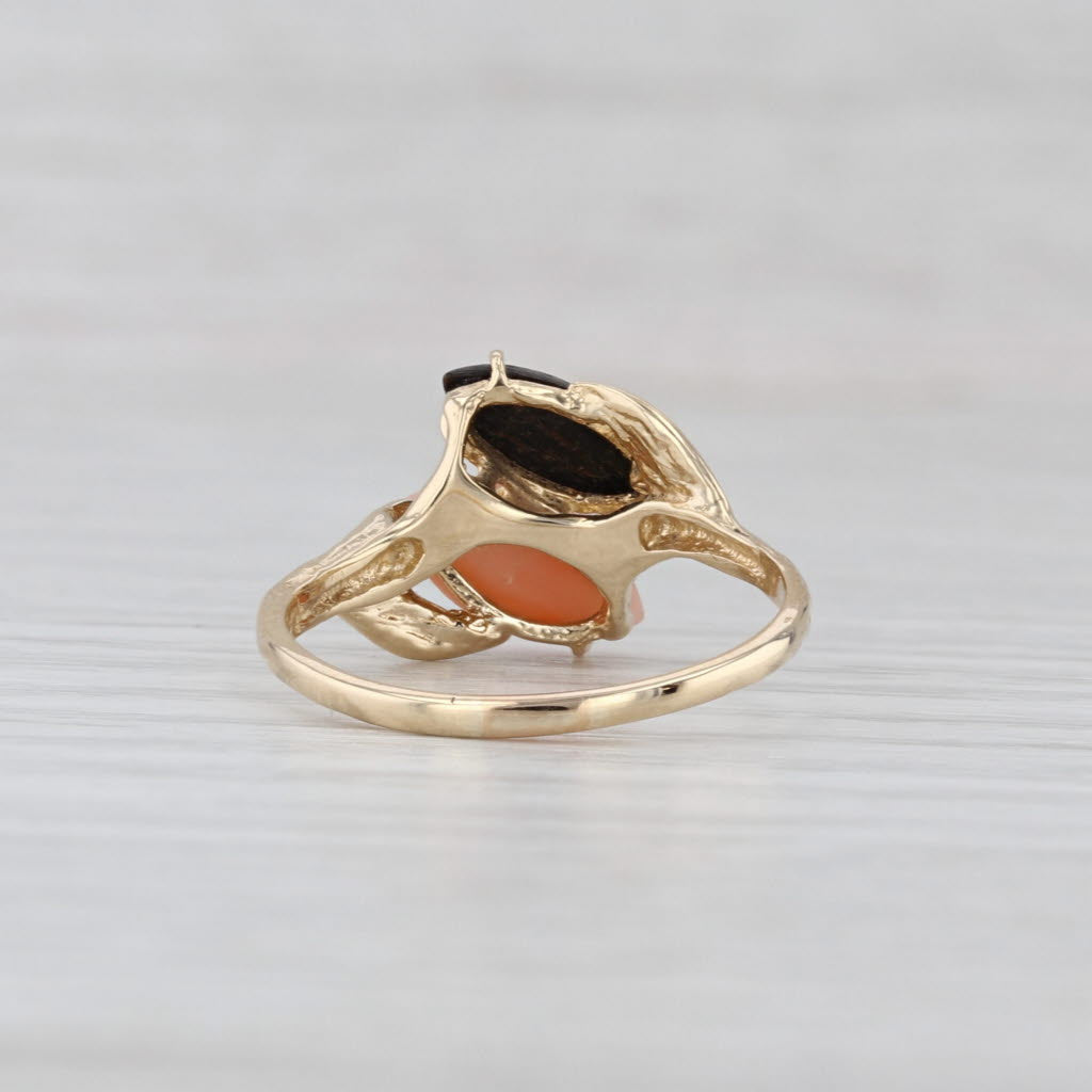 Pink & Black Coral Bypass Ring 14k Yellow Gold Size 7.5 Leaf Accents