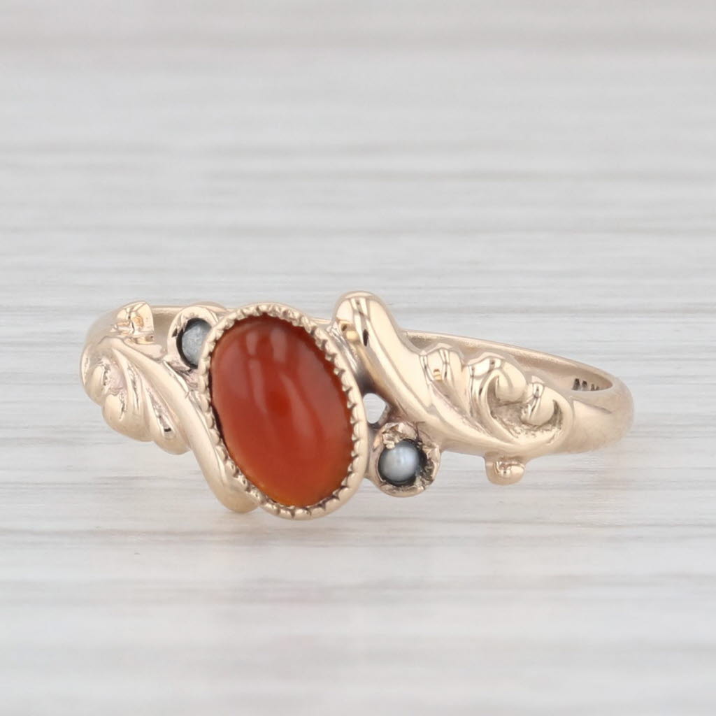 Light Gray Antique Oval Cabochon Red Carnelian Pearl 10k Yellow Gold Size 4.5 Ring