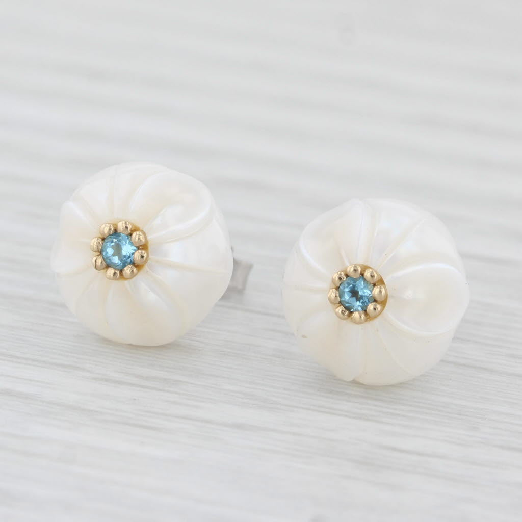 Light Gray New Cultured Pearl Morning Glory Flower Topaz Stud Earrings 14k Gold Galatea