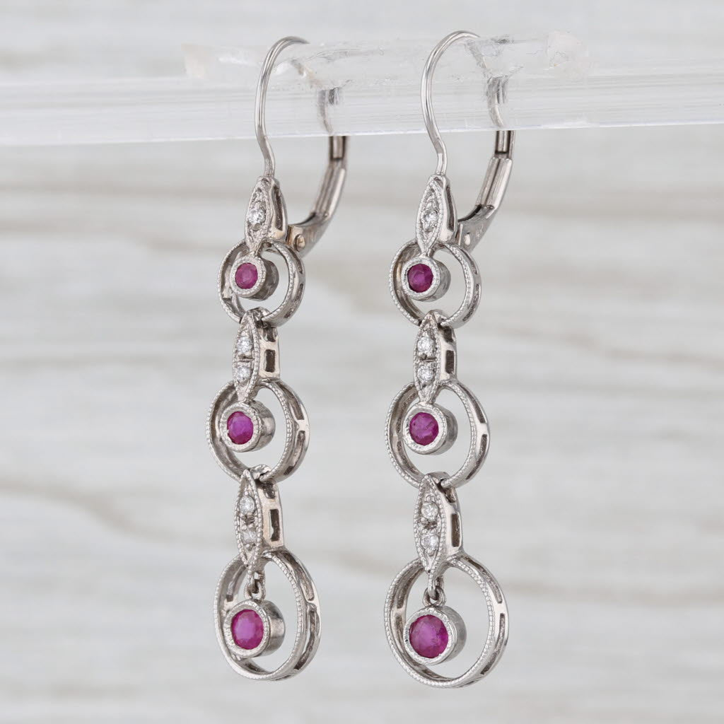 Vintage Ruby Diamond Dangle Earrings 14k White Gold Drops Lever Backs