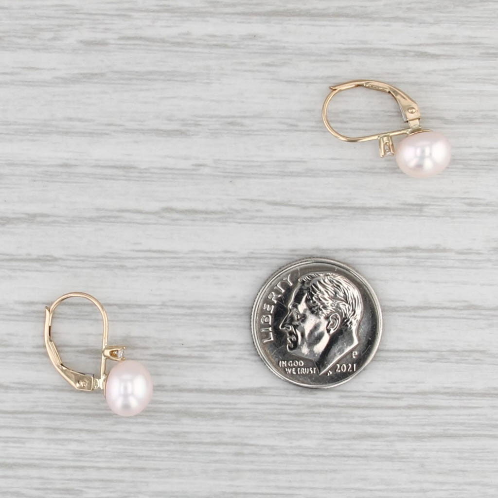 Freshwater Cultured Button Pearl Diamond Drop Earrings 14k Gold Lever Backs