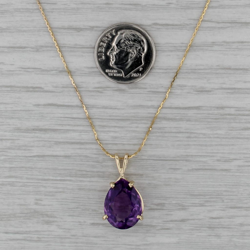 6ct Pear Amethyst Solitaire Teardrop Pendant Necklace 14k Yellow Gold 20" C-Link