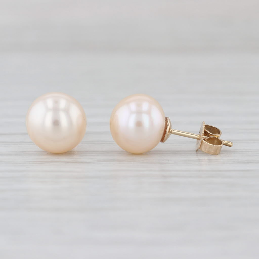 Pink Cultured Pearl Solitaire Stud Earrings 14k Yellow Gold Round Studs
