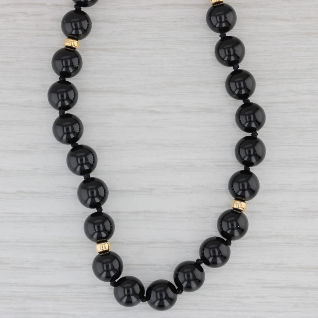 Gray Black Onyx Bead Single Strand Necklace 27" 14k Yellow Gold 8 mm