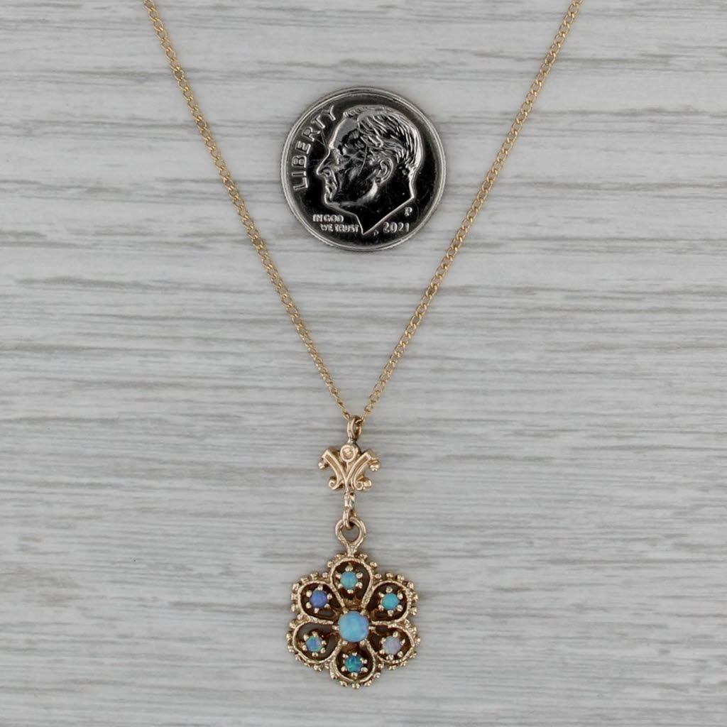 Vintage Opal Flower Pendant Necklace 14k Gold 18" Curb Chain