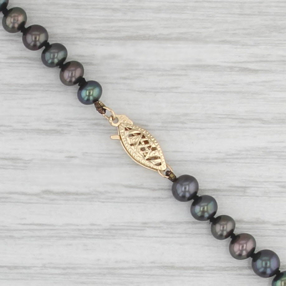 Black Cultured Pearl Single Strand Necklace 14k Yellow Gold 18" 4.7mm